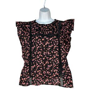 Jessica Simpson Black Ruffled Sleeveless Floral Blouse Size Small Boho Chic Lace
